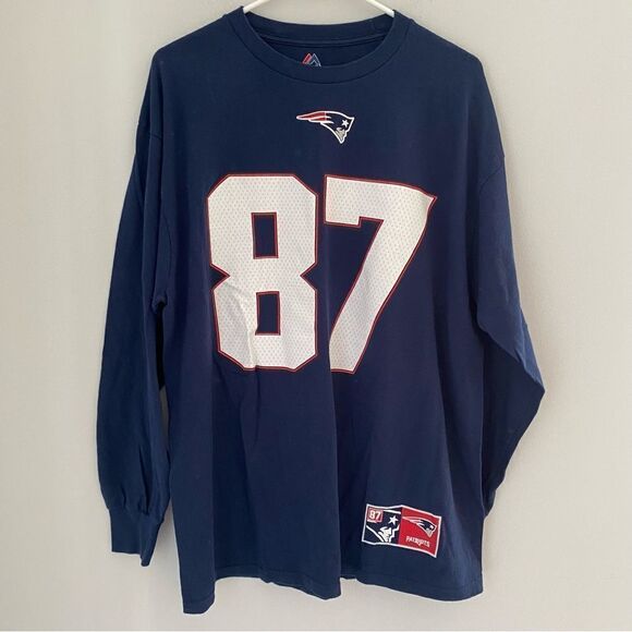 Majestic England Patriots Blue Long Sleeve Crew Neck Tee - Picture 1 of 3